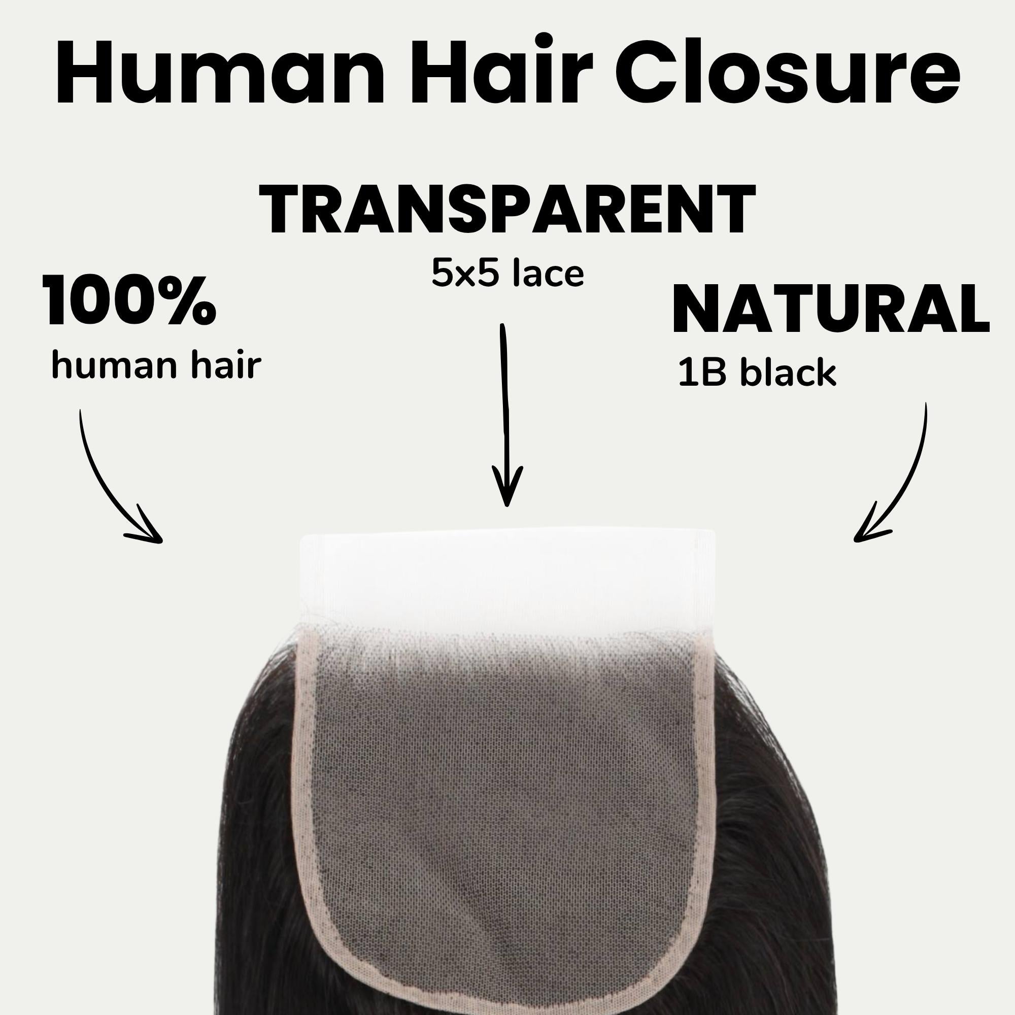 Straight 5x5 Transparent Lace Human Hair Closure Private Label