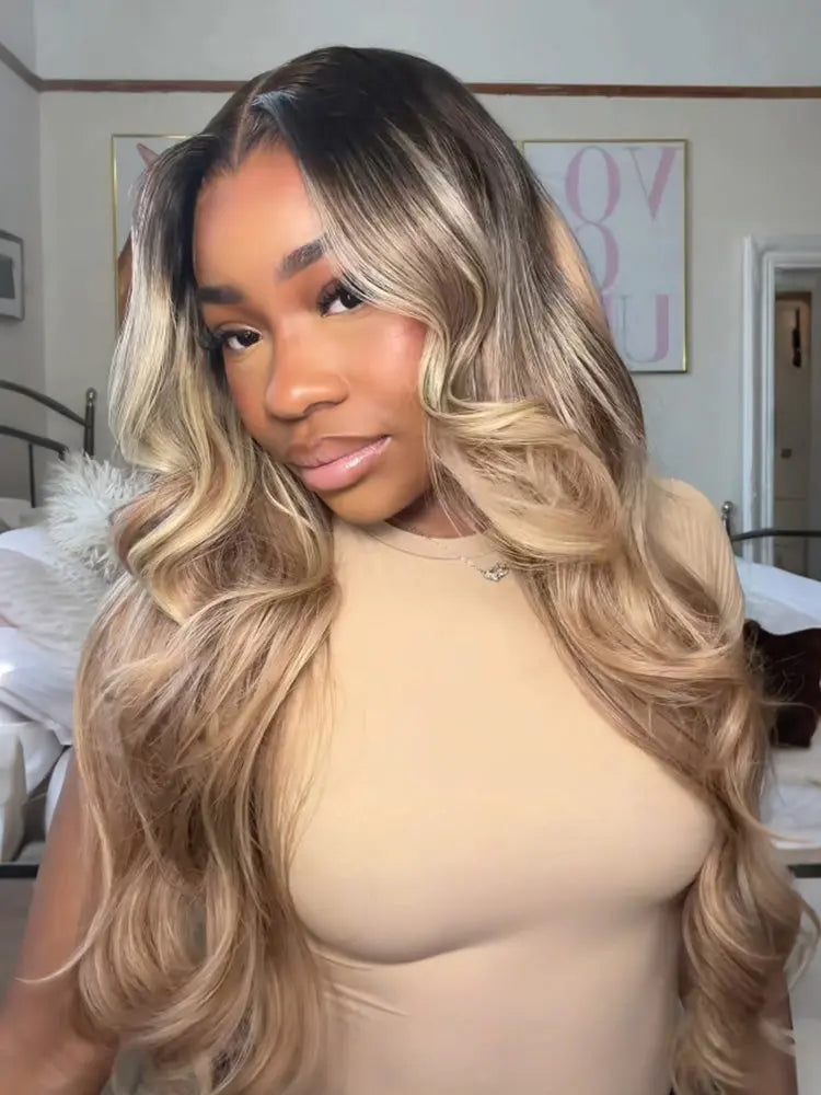 The Sable- Caramel Blonde Balayage Highlights Layered Cut Body Wave 5x5 13x6 Lace Frontal 250% Density Wigs The Hair Plug