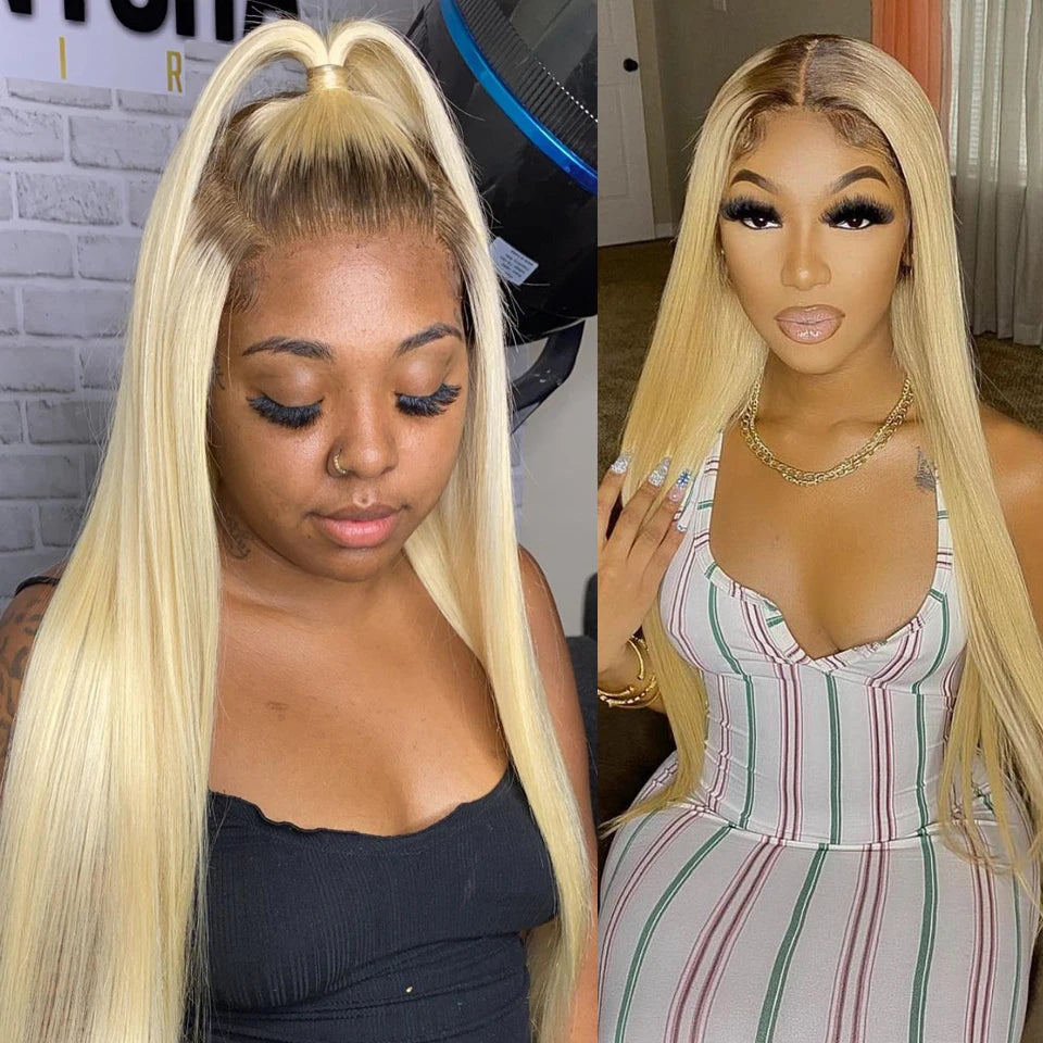 Blonde Colored Human Hair Wig 13x6 13x4 Transparent Lace Front Wig For Women PrePlucked Blonde Human Hair Wig With Dark Root The Hair Plug