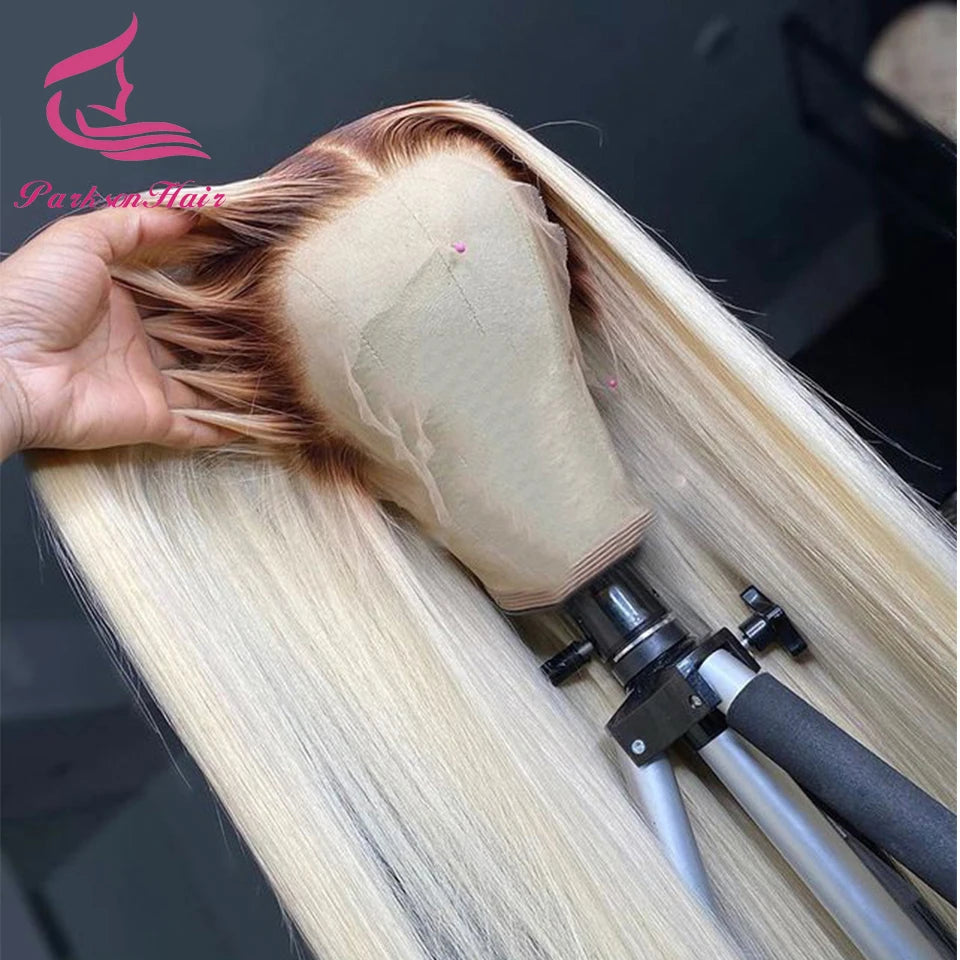 Blonde Colored Human Hair Wig 13x6 13x4 Transparent Lace Front Wig For Women PrePlucked Blonde Human Hair Wig With Dark Root The Hair Plug