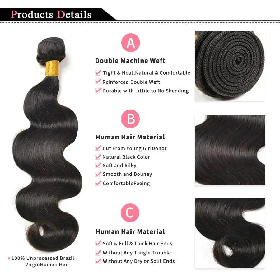Brazilian Body Wave Hair Bundles - 100% Human Hair Extensions 3 PCS MANDOTOS