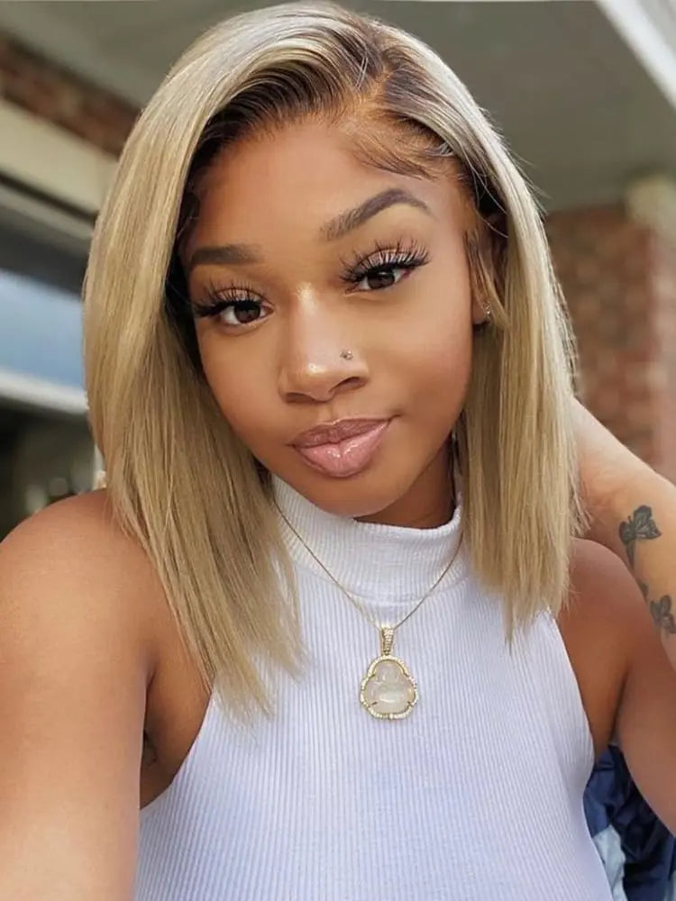The Champagne Bob -T4/613 Ombre Blonde Bob Wigs Straight 13x4 Blunt Cut Lace Front Wigs Human Hair The Hair Plug