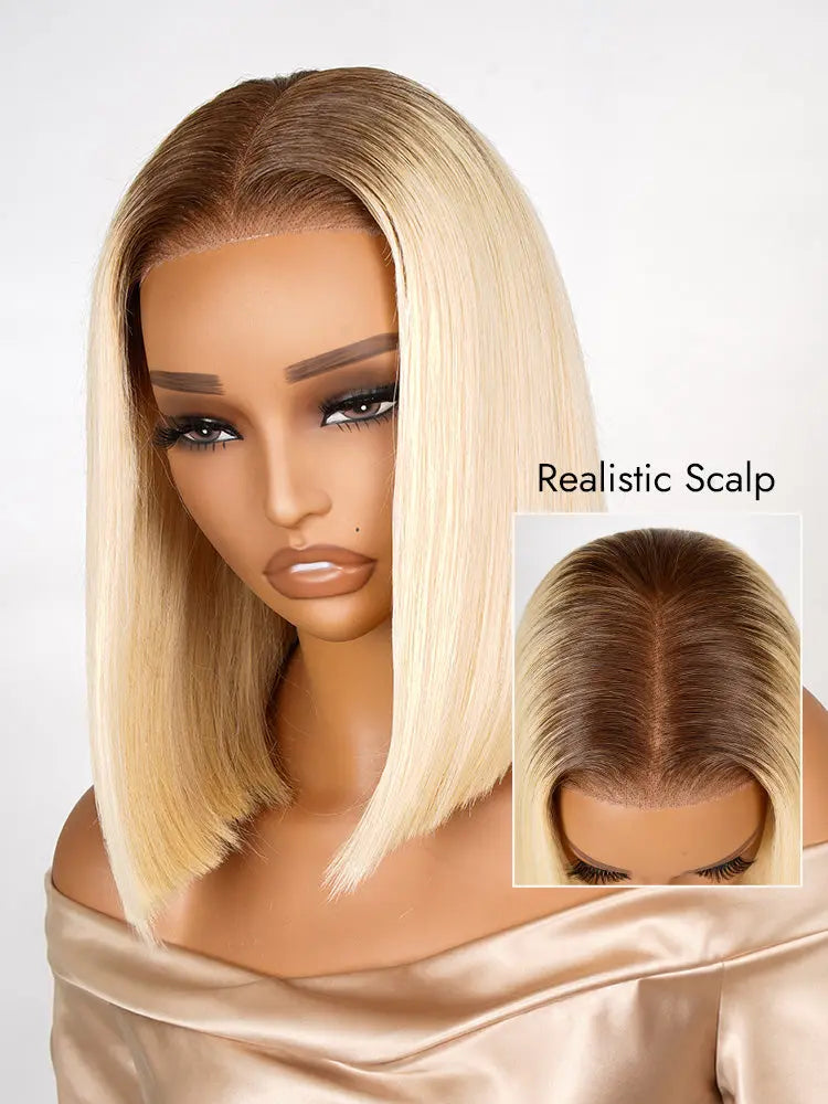The Champagne Bob -T4/613 Ombre Blonde Bob Wigs Straight 13x4 Blunt Cut Lace Front Wigs Human Hair The Hair Plug