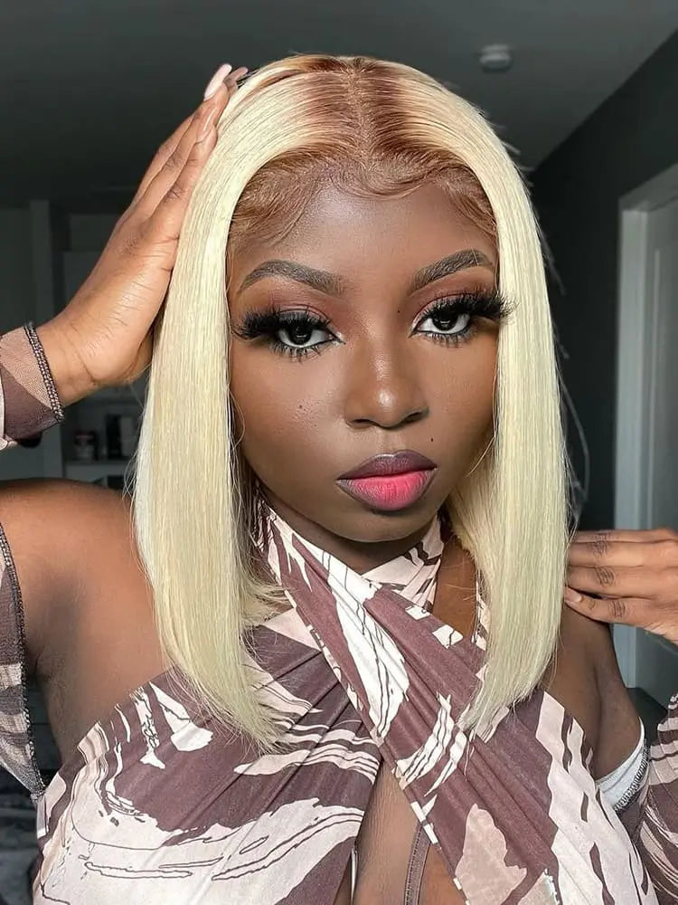 The Champagne Bob -T4/613 Ombre Blonde Bob Wigs Straight 13x4 Blunt Cut Lace Front Wigs Human Hair The Hair Plug