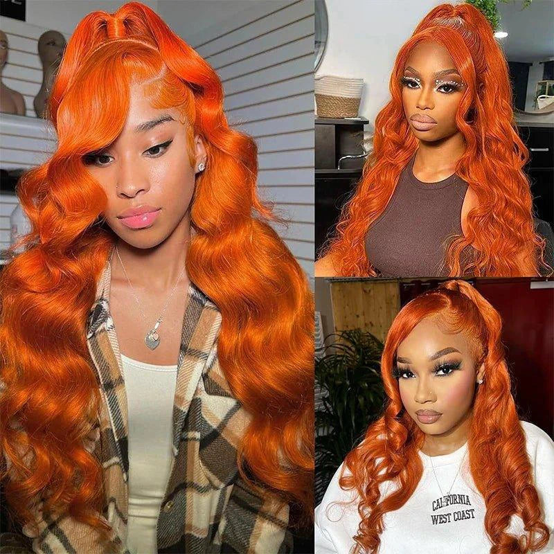 Ginger Orange Body Wave Human Hair Lace Front Wig #350 Colored 13x6 Pre Plucked 200% MANDOTOS