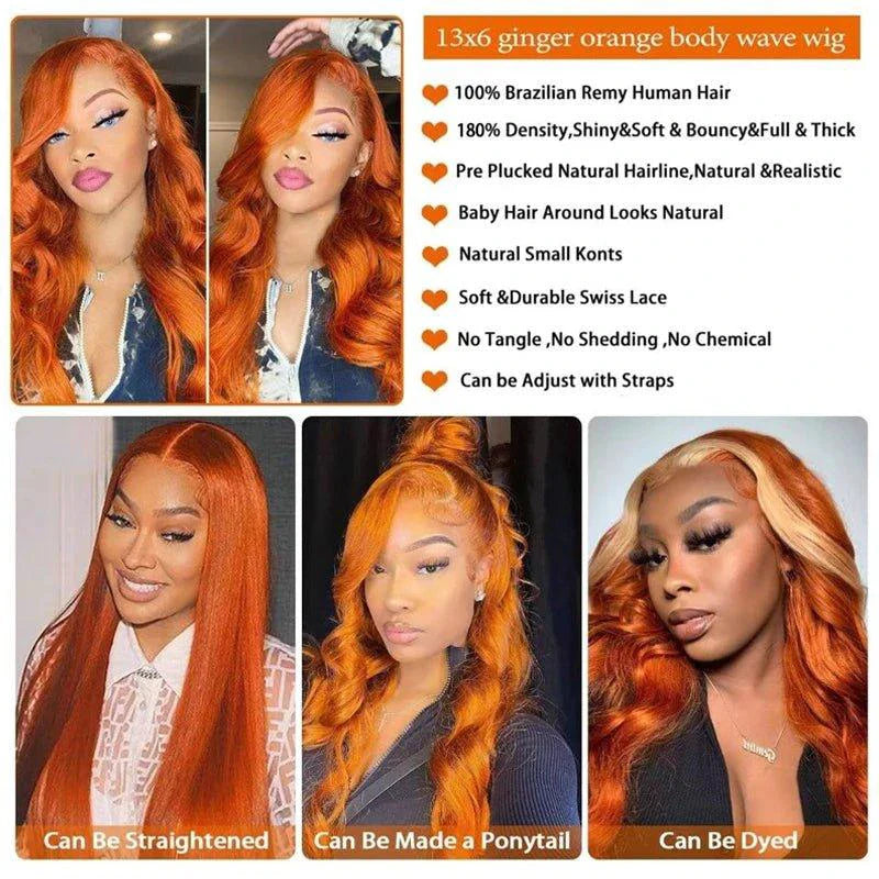 Ginger Orange Body Wave Human Hair Lace Front Wig #350 Colored 13x6 Pre Plucked 200% MANDOTOS