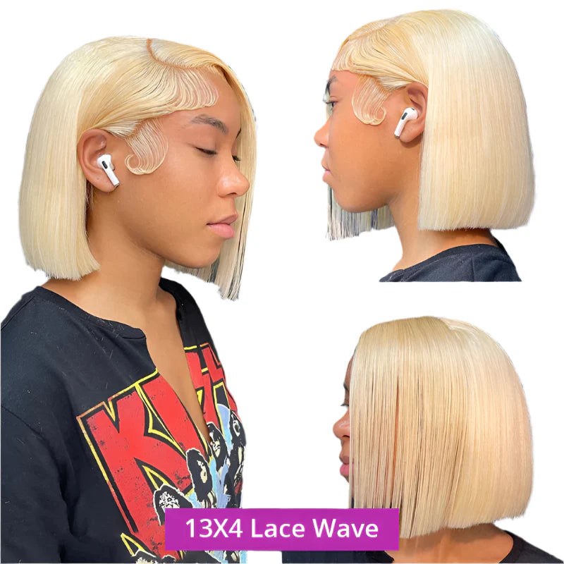 613 Blonde Bob Lace Front Wig - Brazilian Remy Human Hair, HD Transparent Lace, Pre-Plucked, Brown Roots Luxegan