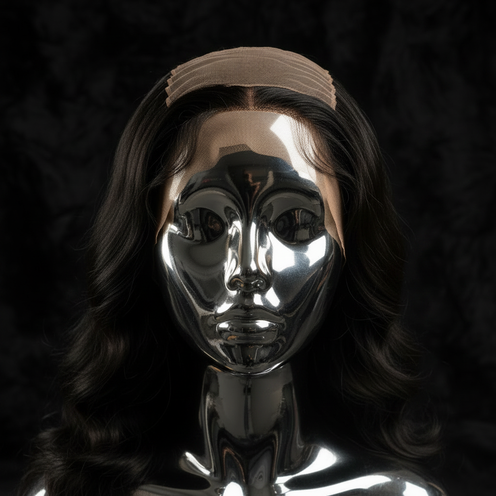 HD Body Wave lace closure installed at crown on titanium chrome mannequin head, dark luxury background