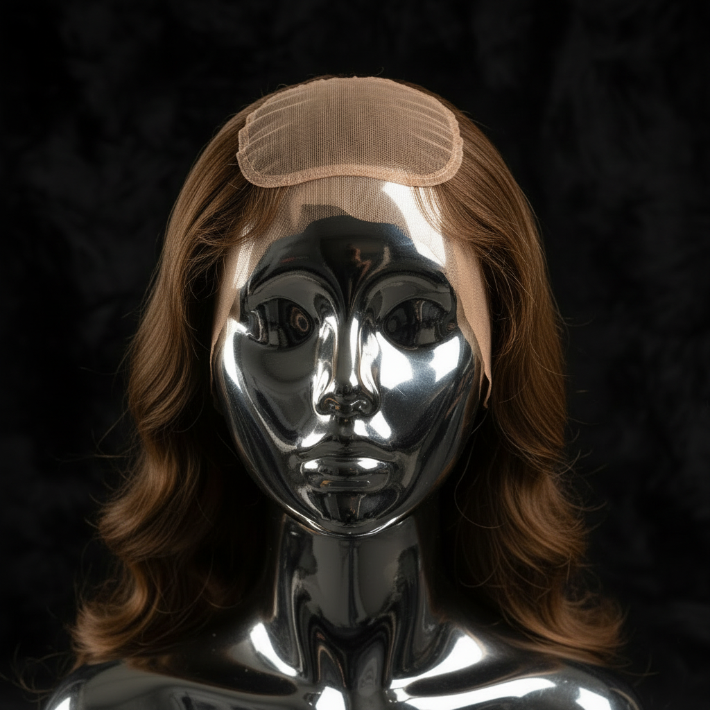 Medium Brown Body Wave 5x5 HD lace closure installed at crown on titanium chrome mannequin head, dark luxury background