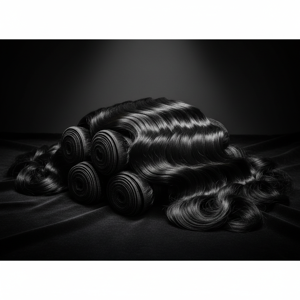 Jet Black Body Wave 100% Human Hair Bundles luxury stack display