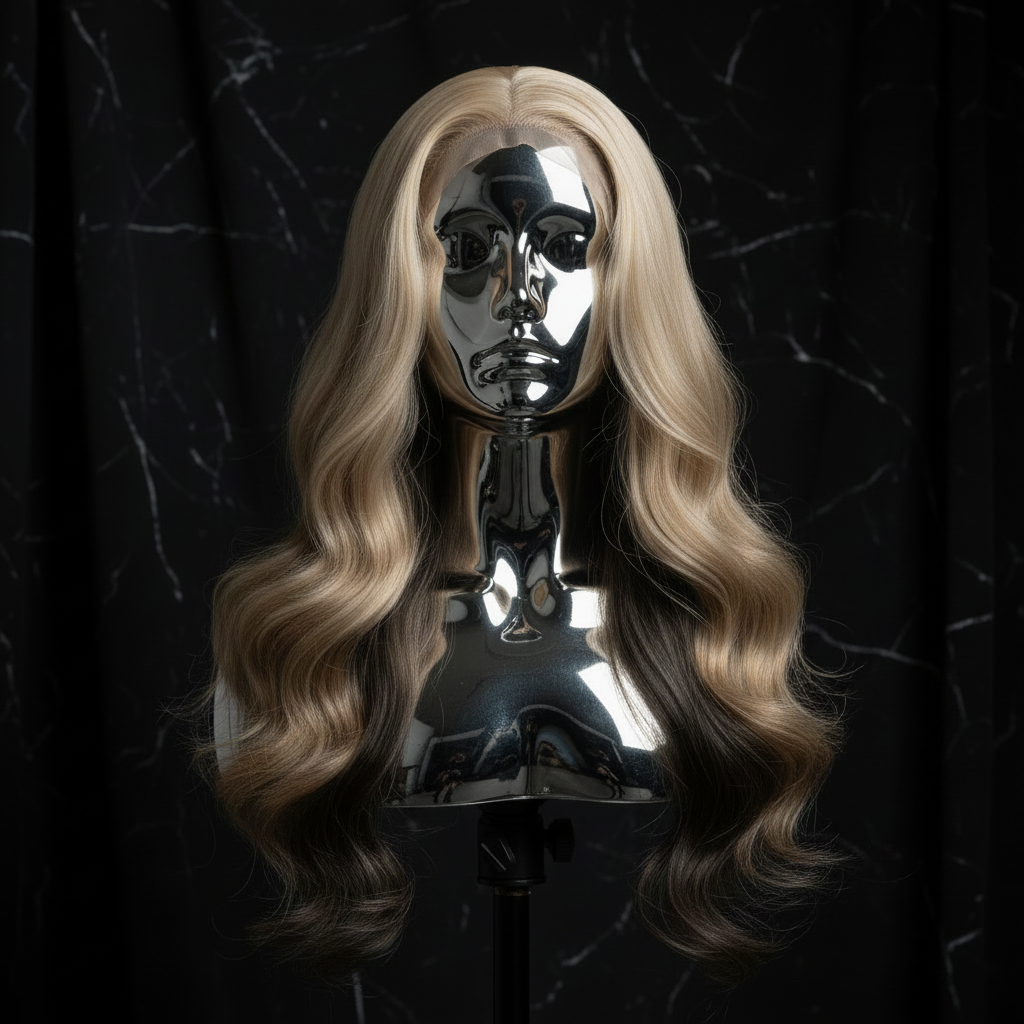 Raw Aurora Glueless 5x5 HD Lace Wig on titanium chrome mannequin head