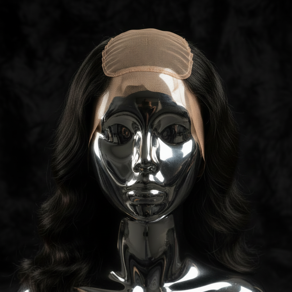 Body Wave 5x5 HD lace closure installed at crown on titanium chrome mannequin head, dark luxury background