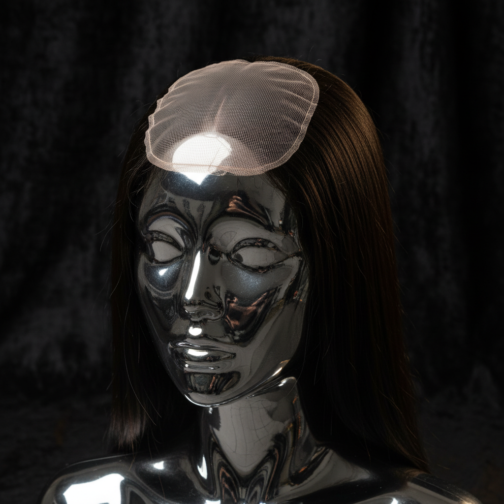 Yaki Straight 6x6 HD lace closure installed at crown on titanium chrome mannequin head, dark luxury background