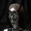 Yaki Straight 6x6 HD lace closure installed at crown on titanium chrome mannequin head, dark luxury background