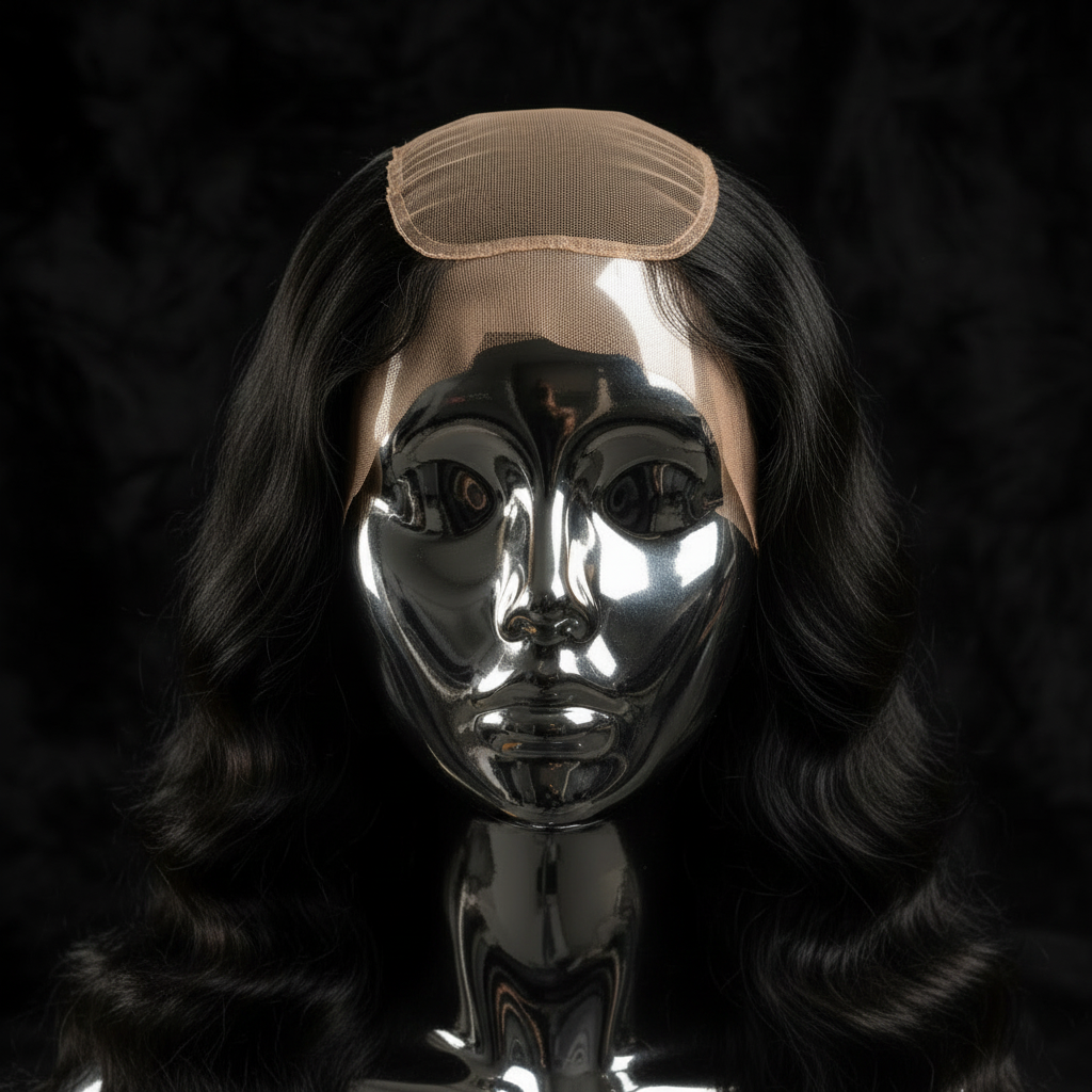Deep Wave 5x5 HD lace closure installed at crown on titanium chrome mannequin head, dark luxury background