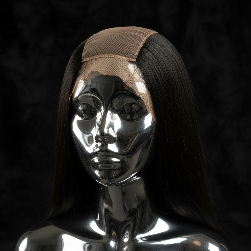 HD Straight lace closure installed at crown on titanium chrome mannequin head, dark luxury background