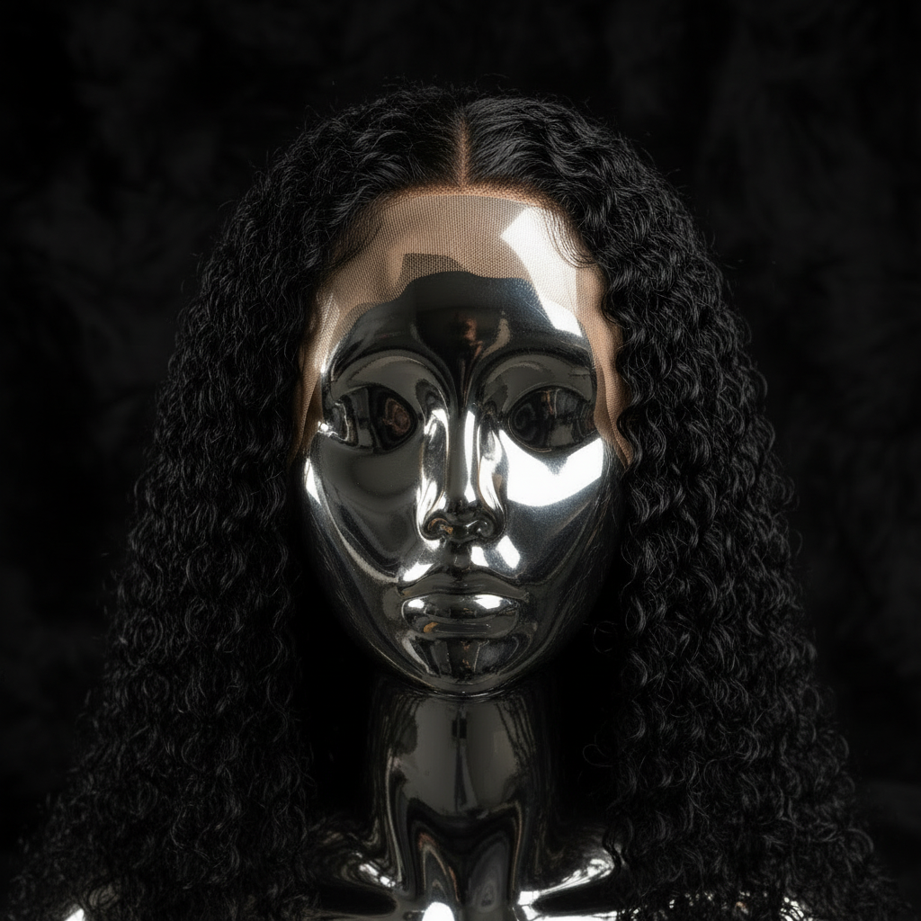 HD Deep Wave lace closure installed at crown on titanium chrome mannequin head, dark luxury background