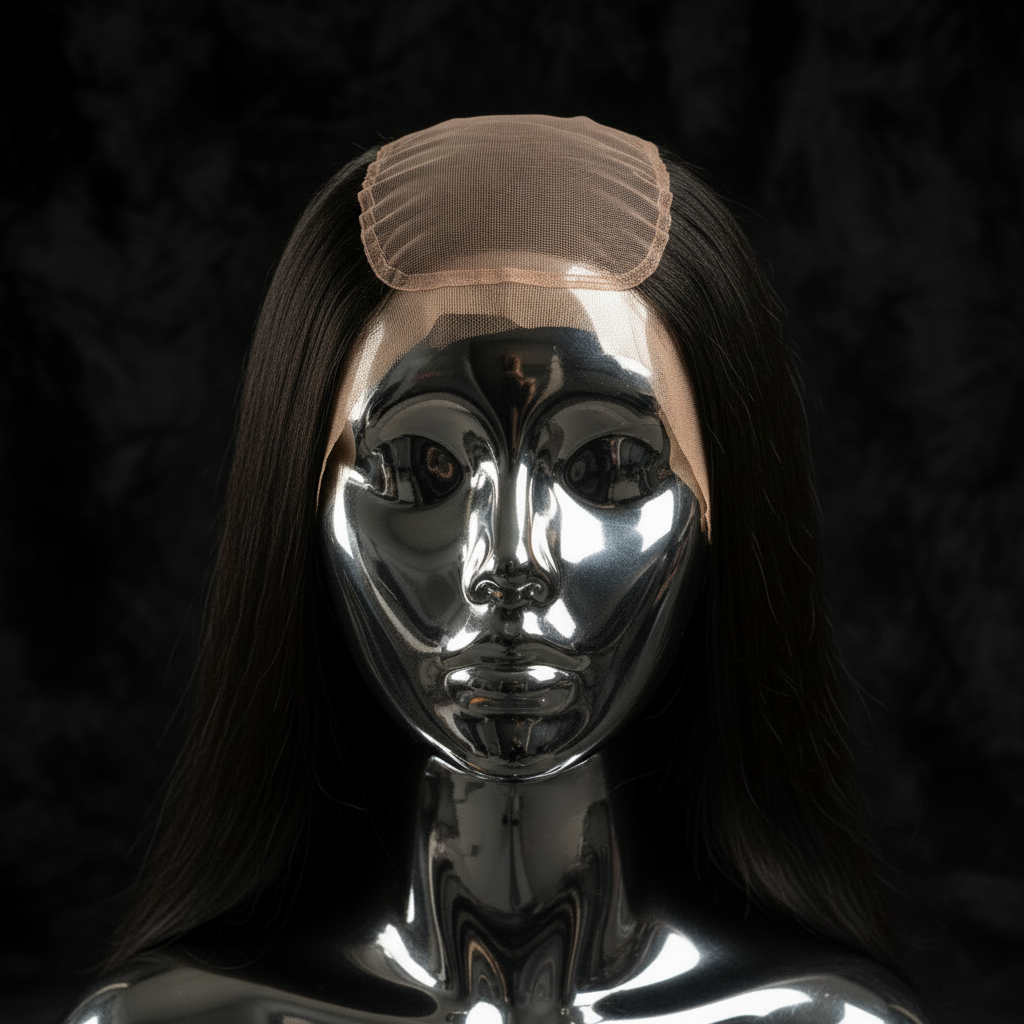 Yaki Straight 7x7 HD lace closure installed at crown on titanium chrome mannequin head, dark luxury background