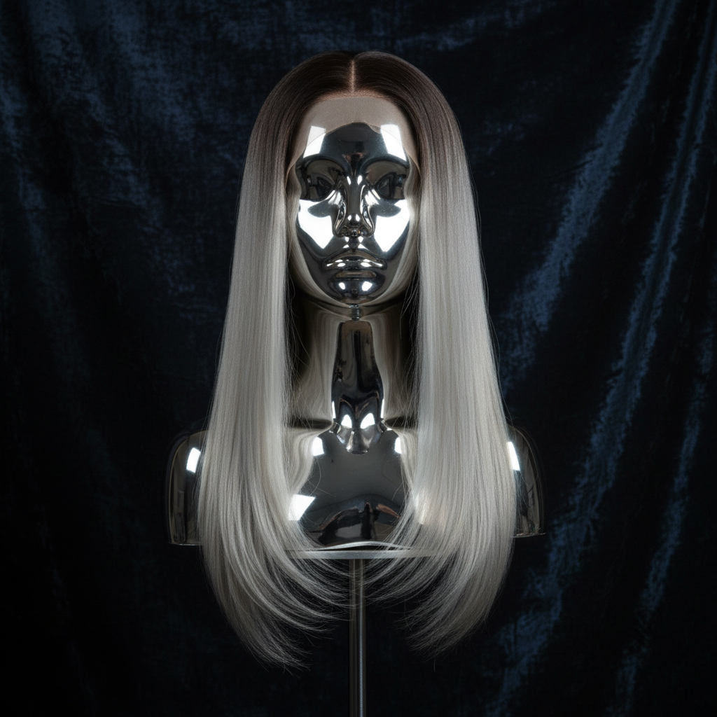Penelope Glueless 5x5 HD Lace Wig - Ash Platinum Blonde with Dark Roots on titanium mannequin head