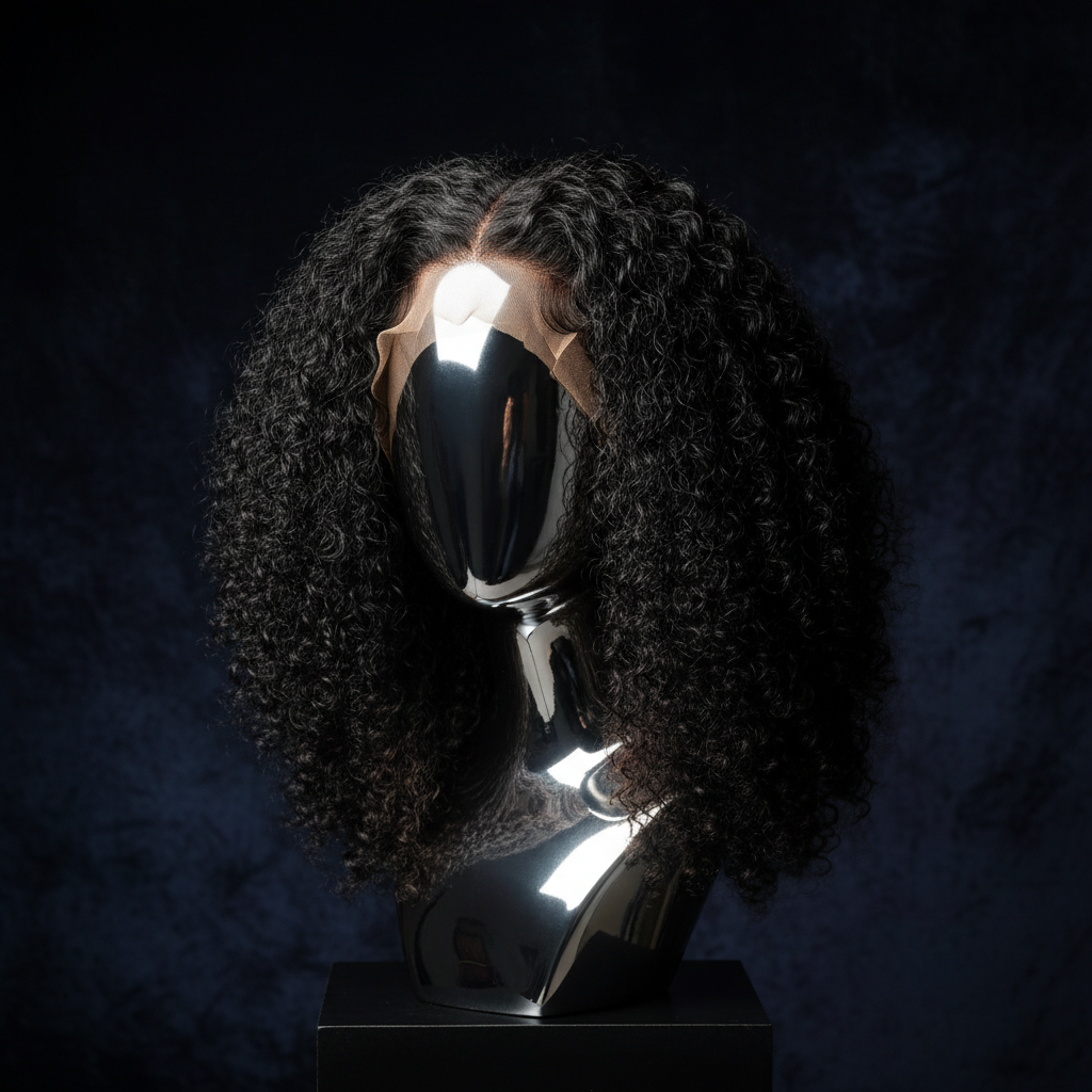 Kinky Curly U Part Human Hair Wig on elevated chrome mannequin head