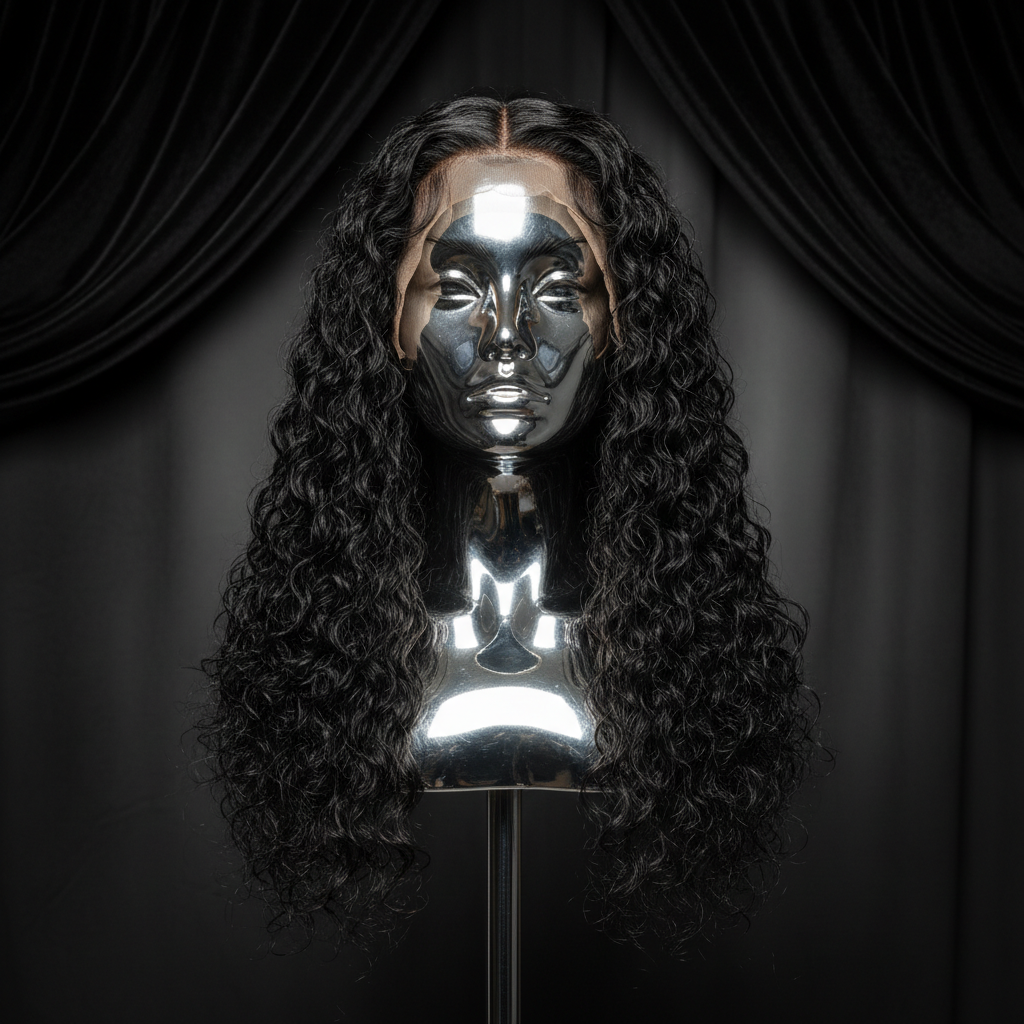 Deep Wave 13x4 Transparent Lace Wig on titanium mannequin head