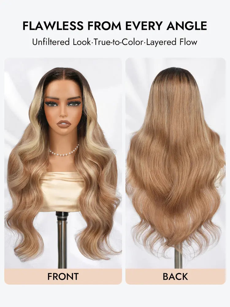 The Sable- Caramel Blonde Balayage Highlights Layered Cut Body Wave 5x5 13x6 Lace Frontal 250% Density Wigs The Hair Plug